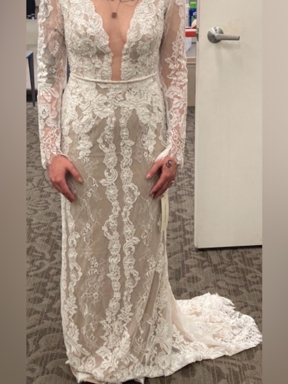 Melissa Sweet Nude Dress with Ivory Lace Overlay